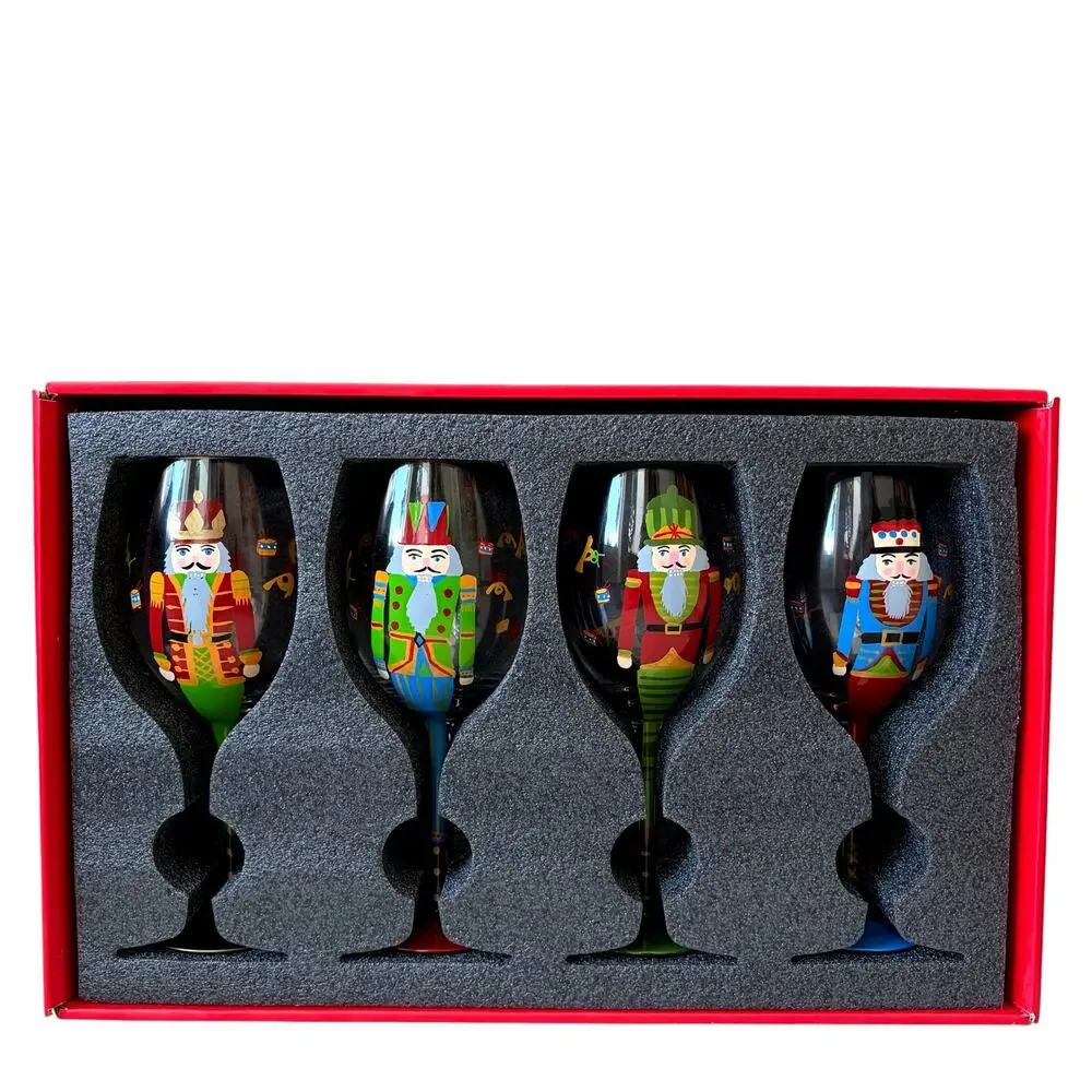 Neiman Marcus Hand Painted Nutcracker Wine Glasses 9in Set of 4 In Gift Box NEW